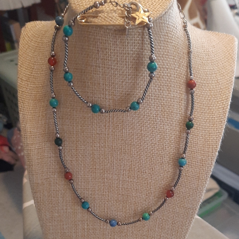 Multicolor Beaded Silver-Tone Women’s Necklace with Turquoise and Coral Accents